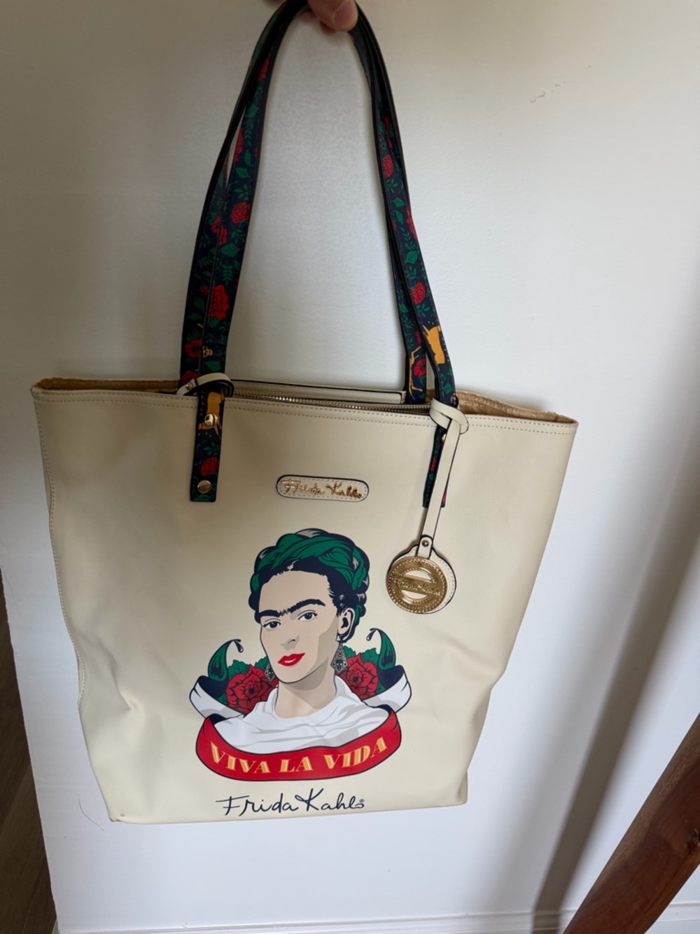 Cream Tote Bag with Frida Kahlo Viva La Vida Artwork
